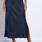 Textured Satin Bias Skirt in Navy
