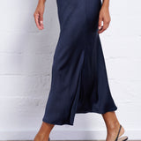 Textured Satin Bias Skirt in Navy