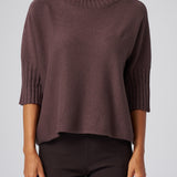 Funnel Neck Elbow Sleeve Pullover in Chocolate