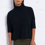 Funnel Neck Elbow Sleeve Pullover in Black