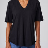 Slub Jersey V-Neck Elbow Sleeve Tee in Black