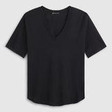 Slub Jersey V-Neck Elbow Sleeve Tee in Black