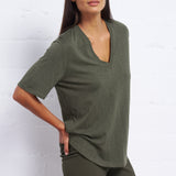 Slub Jersey V-Neck Elbow Sleeve Tee in Olive