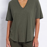 Slub Jersey V-Neck Elbow Sleeve Tee in Olive
