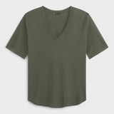 Slub Jersey V-Neck Elbow Sleeve Tee in Olive