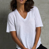 Slub Jersey V-Neck Elbow Sleeve Tee in White