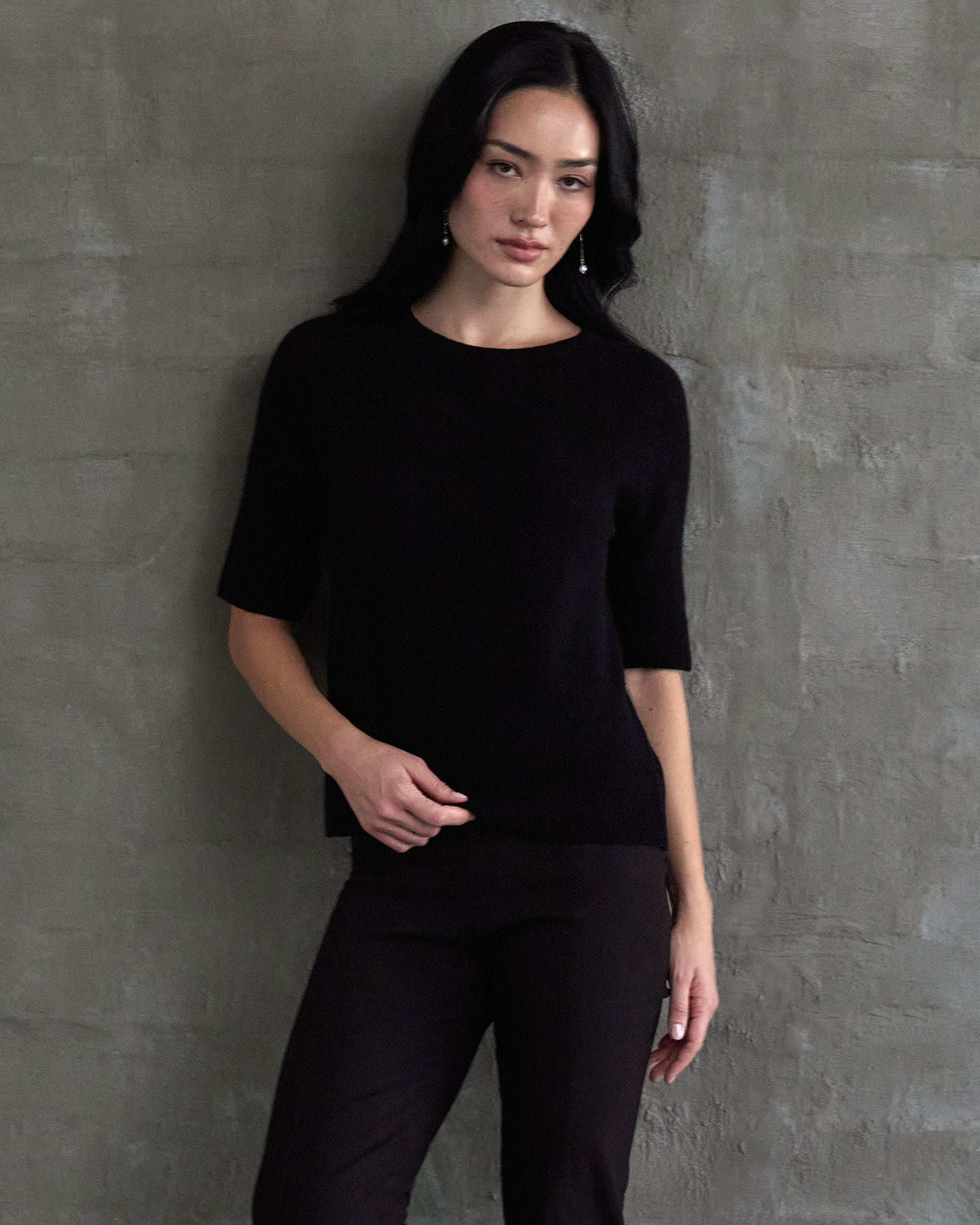 Marilyn Cashmere Elbow Sleeve in black with the Original Magic Pant