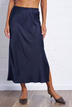 Textured Satin Bias Skirt in Navy