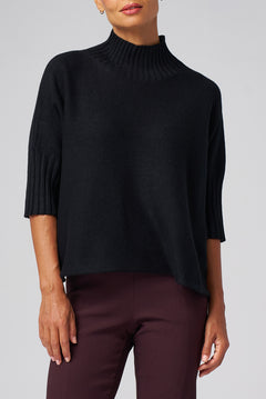 Funnel Neck Elbow Sleeve Pullover in Black