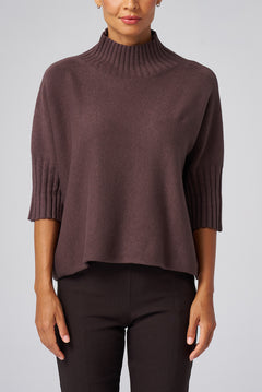 Funnel Neck Elbow Sleeve Pullover in Chocolate