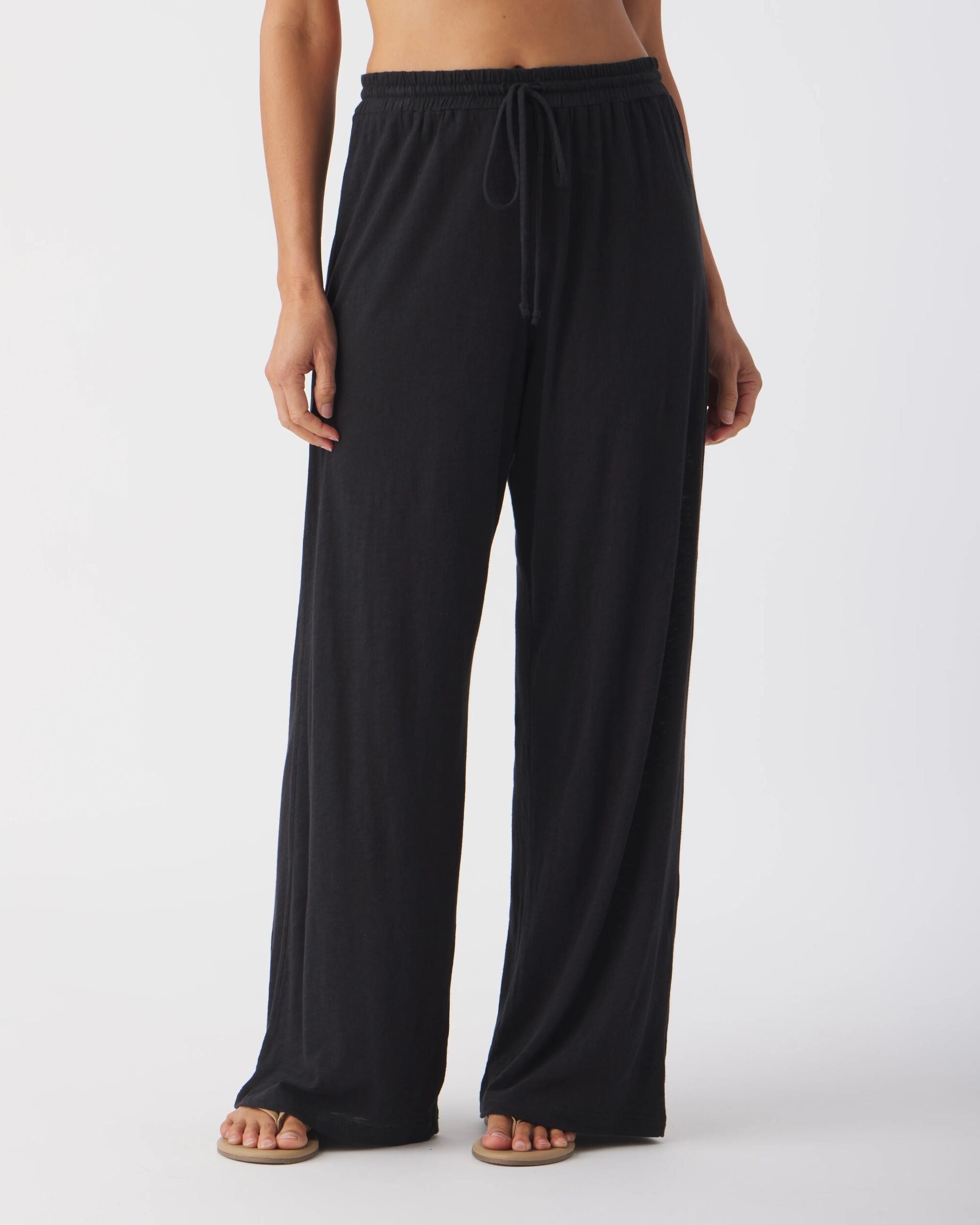 Slub Jersey Weekend Set in Black — wide leg drawstring pant on model