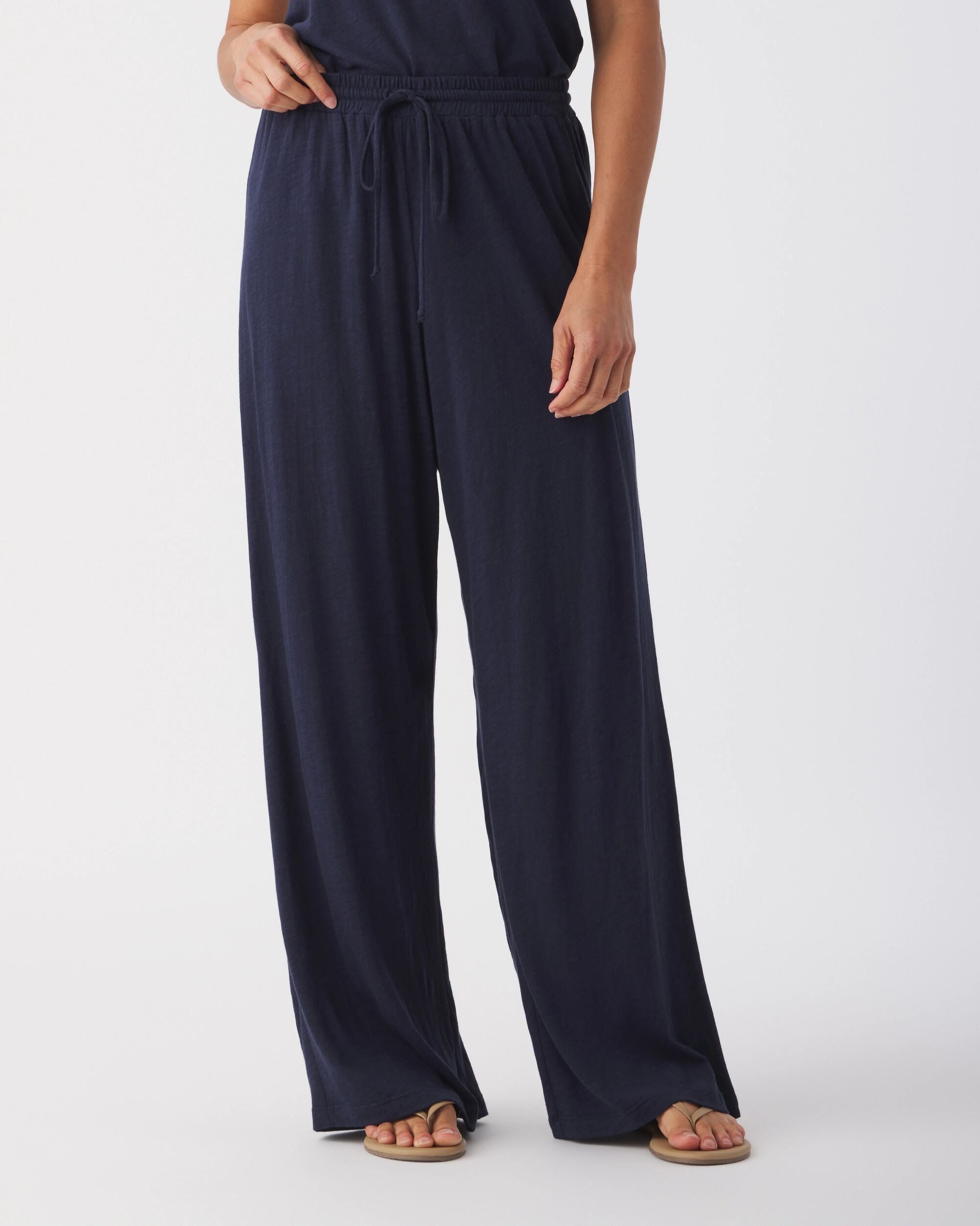 Slub Jersey Weekend Set in Midnight Navy — wide leg drawstring pant on model
