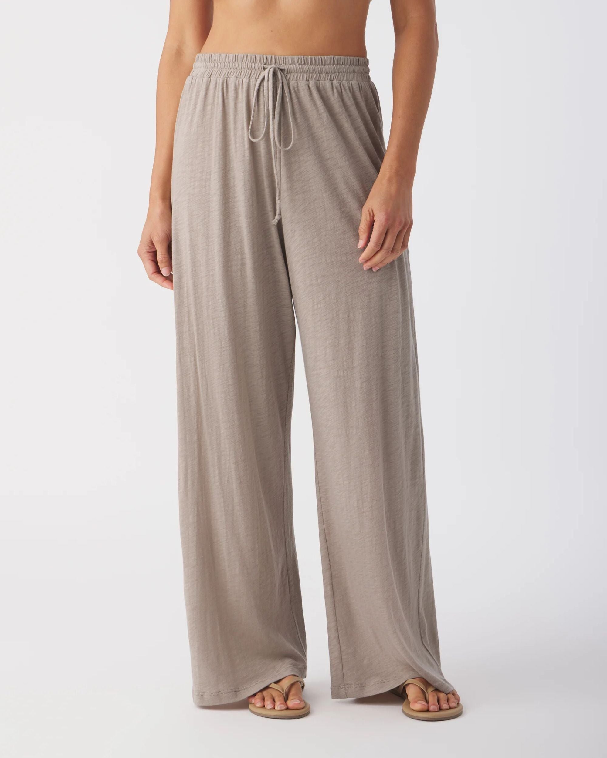 Slub Jersey Weekend Set in Sand — wide leg drawstring pant on model