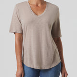 Slub Jersey V-Neck Elbow Sleeve Tee in Sand