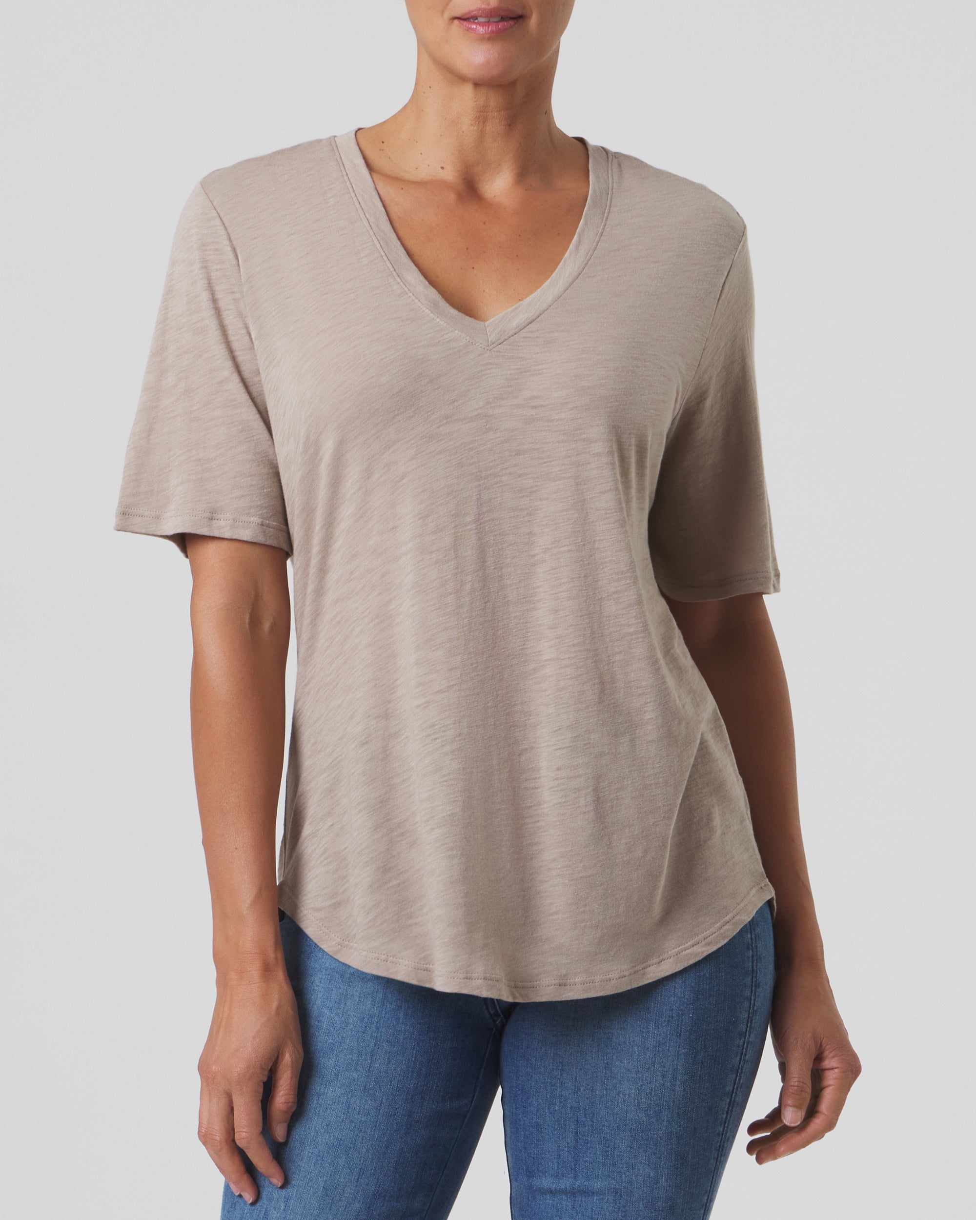 Slub Jersey V-Neck Elbow Sleeve Tee