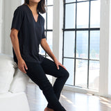 Slub Jersey V-Neck Elbow Sleeve Tee in Black