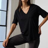 Slub Jersey V-Neck Elbow Sleeve Tee in Black