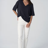 Slub Jersey V-Neck Elbow Sleeve Tee