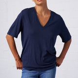 Slub Jersey V-Neck Elbow Sleeve Tee in Navy