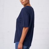 Slub Jersey V-Neck Elbow Sleeve Tee in Navy