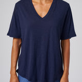 Slub Jersey V-Neck Elbow Sleeve Tee in Navy