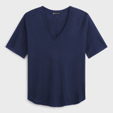 Slub Jersey V-Neck Elbow Sleeve Tee in Navy