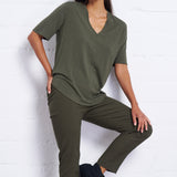 Slub Jersey V-Neck Elbow Sleeve Tee in Olive