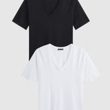 Slub Jersey V-Neck Elbow Sleeve Tee Duo: Black + White