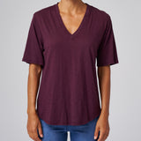 Slub Jersey V-Neck Elbow Sleeve Tee in Aubergine