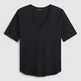 Slub Jersey V-Neck Elbow Sleeve Tee in Black