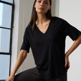 Slub Jersey V-Neck Elbow Sleeve Tee in Black