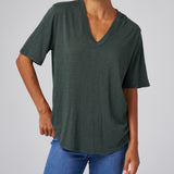 Person wearing a green t-shirt and blue jeans on a gray background