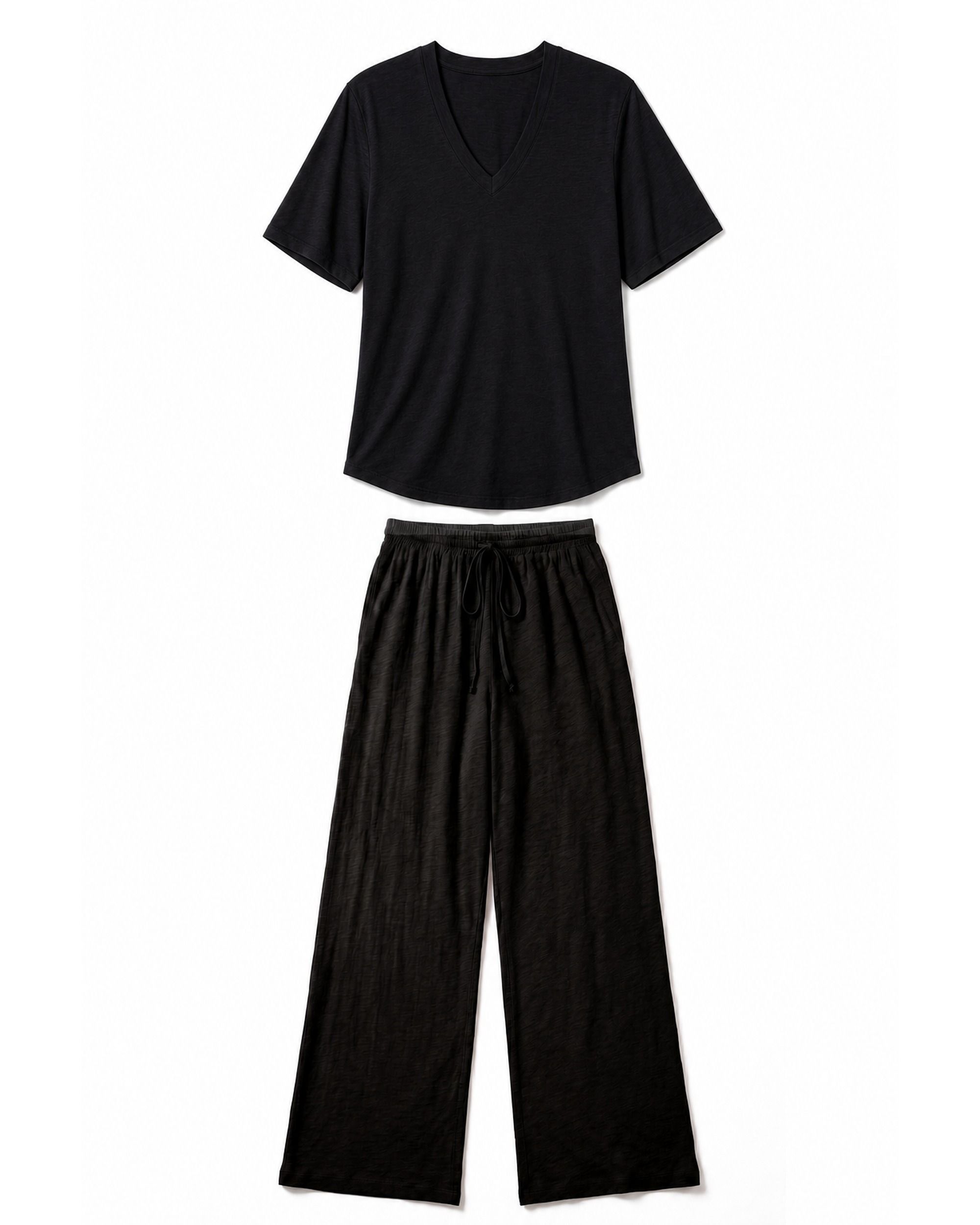 Slub Jersey Weekend Set in Black — elbow sleeve tee and wide leg pant flat lay