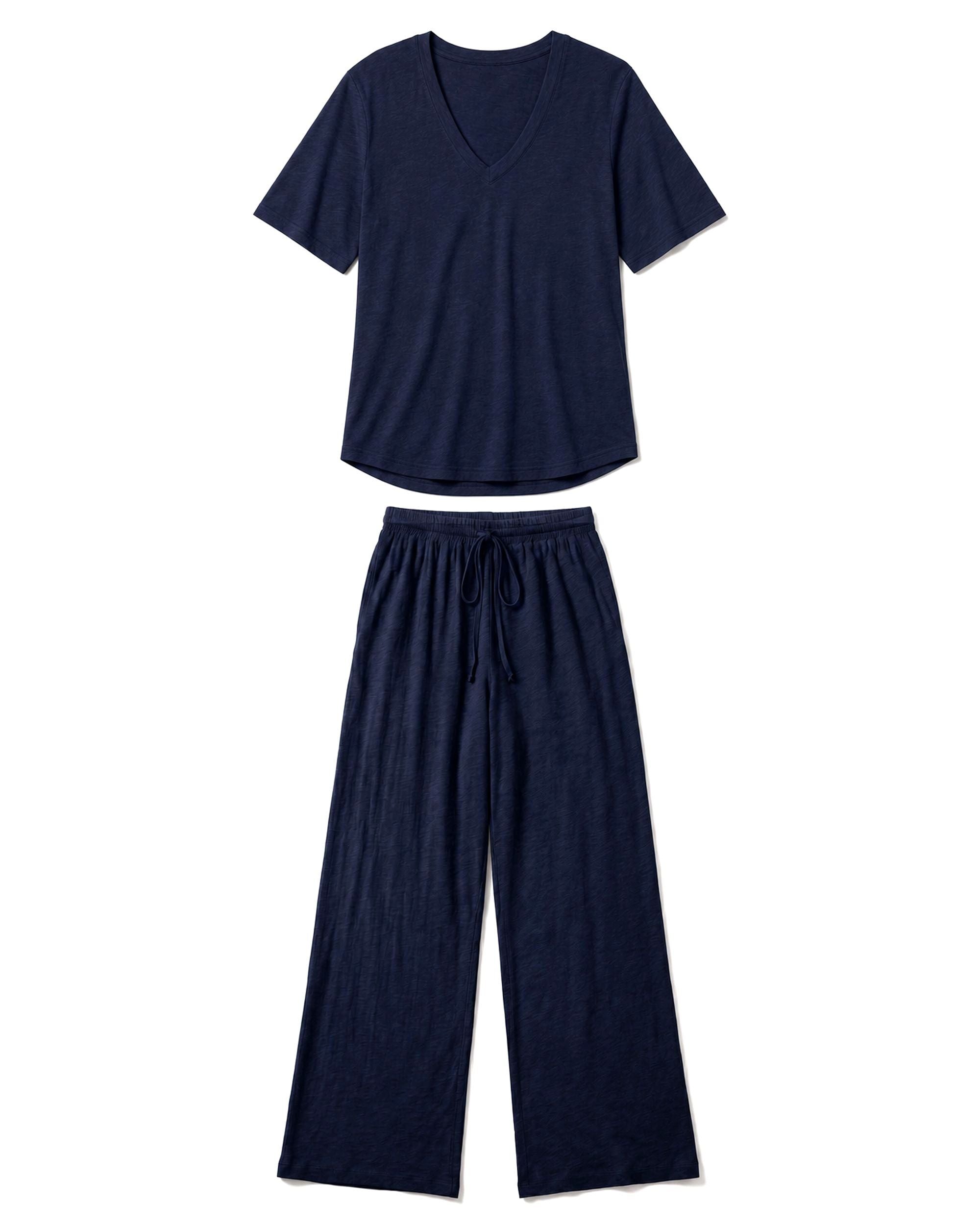 Slub Jersey Weekend Set in Midnight Navy — elbow sleeve tee and wide leg pant flat lay