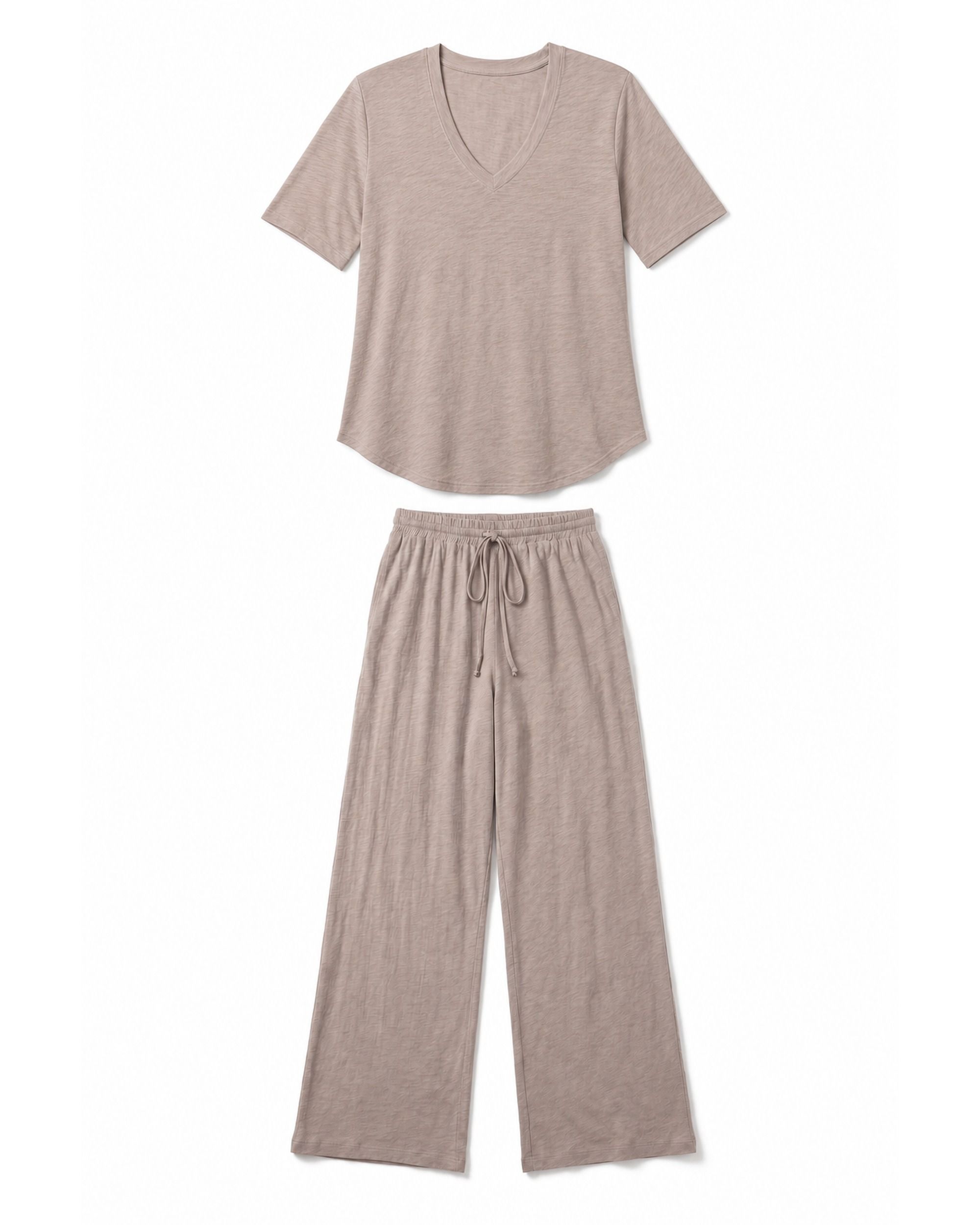 Slub Jersey Weekend Set in Sand — elbow sleeve tee and wide leg pant flat lay