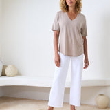 Slub Jersey V-Neck Elbow Sleeve Tee in Sand