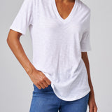 Slub Jersey V-Neck Elbow Sleeve Tee in White