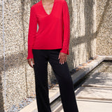 Luxe Stretch Long Sleeve V-Neck in Poppy Red