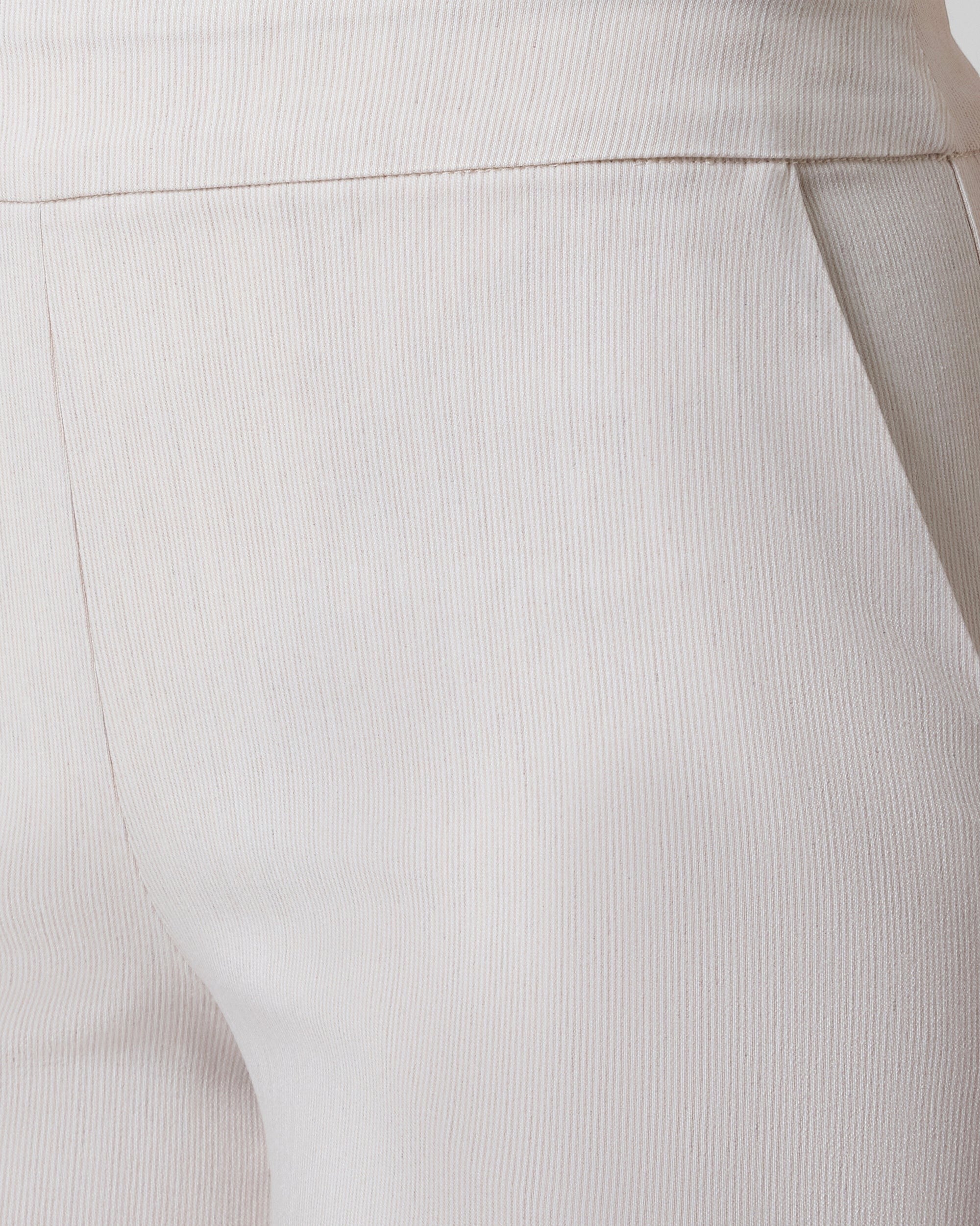 Franne Golde Mayfair wide leg pant in beige with subtle pinstripe texture and a smooth contoured waistband.