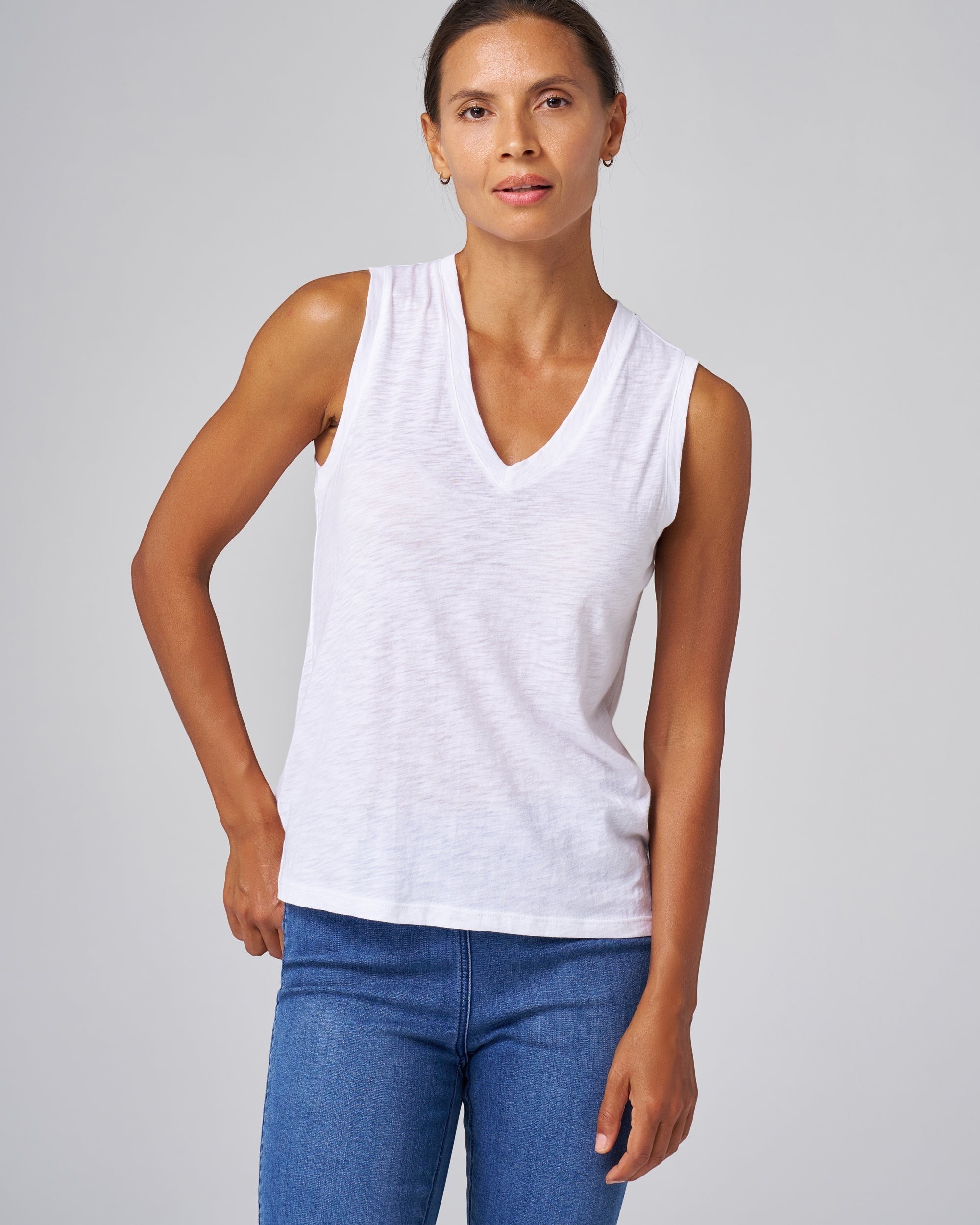 Franne Golde white slub jersey v-neck tank top made of cotton-modal, perfect for layering.